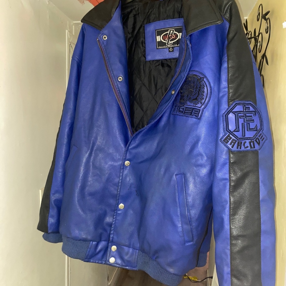 Vintage BarCode Blue Leather Jacket Tiger
